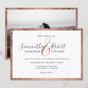 Invitation Rose de script bordure en or blanc photo mariage