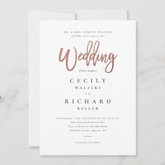 Invitation Rose de script moderne Mariage or  (Devant)