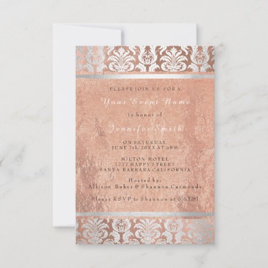 Invitation Rose de soie Gold Copper Silver Damask Bridal 16e (Devant)