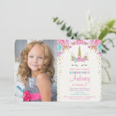 Invitation Rose de soirée pyjamas de licorne et anniversaire (Debout devant)