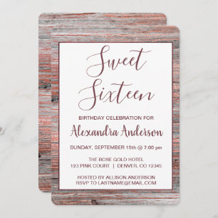Invitation Rose de Sweet sixteen de bois rustique  Gold Foil