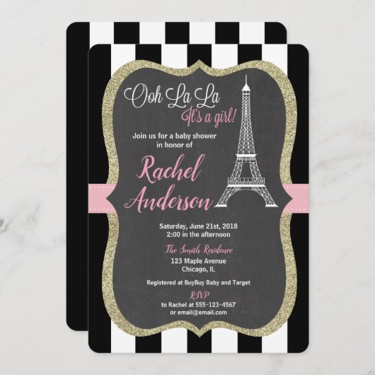 Invitation Rose de tableau de fille d'invitation de baby (Devant / Derrière)