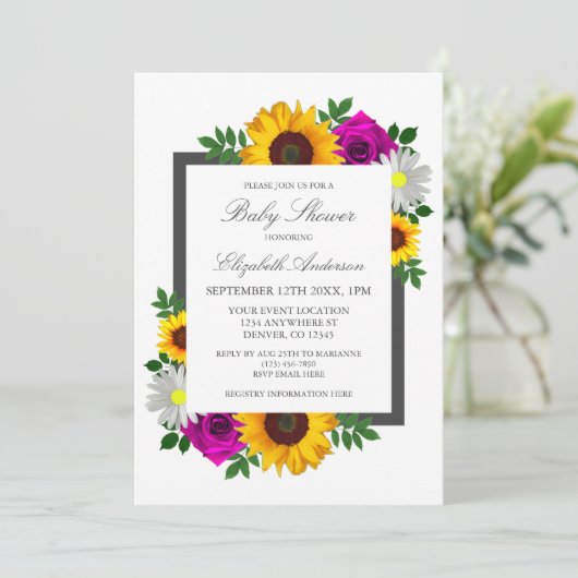 Invitation Rose de tournesol Daisy Baby shower floral (Debout devant)