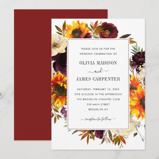 Invitation Rose de tournesol rustique Bourgogne Automne Maria (Devant / Derrière)