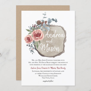 Invitation Rose de tranche de bois et Mariage d'eucalyptus