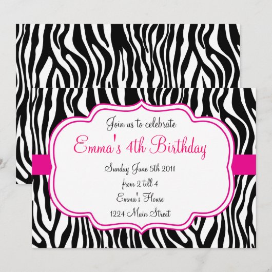 Invitation rose de zèbre (Devant / Derrière)