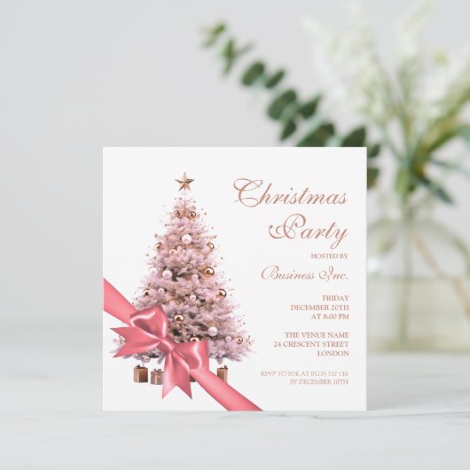 Invitation Rose d'entreprise Gold Noël Arbre Bow Holiday (Debout devant)