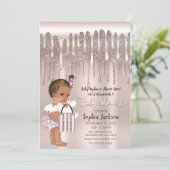 Invitation Rose Diamantée Rose Glitter Drip Marron Bébé (Debout devant)