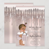 Invitation Rose Diamantée Rose Glitter Drip Marron Bébé (Devant / Derrière)