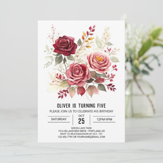 Invitation Rose Digital Bourgogne Floral Anniversaire (Debout devant)