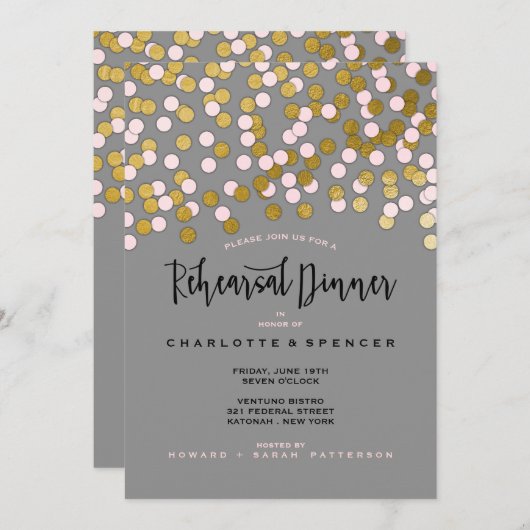 Invitation Rose| Dîner de répétition Mariage Gold Confetti (Devant / Derrière)