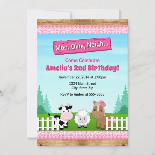Invitation Rose d'invitation de fille d'anniversaire de ferme (Devant)