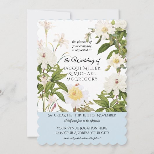 Invitation Rose d'ivoire bleu ciel Peony w Leaf Mariage de fe (Devant)