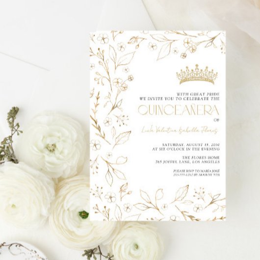Invitation Rose d'or blanc moderne Floral Tiara Quinceañera