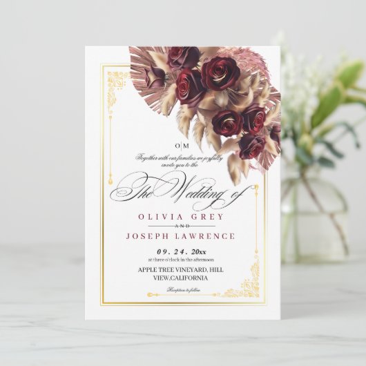 Invitation Rose d'or de Bourgogne Floral Boho Rustique Mariag (Debout devant)