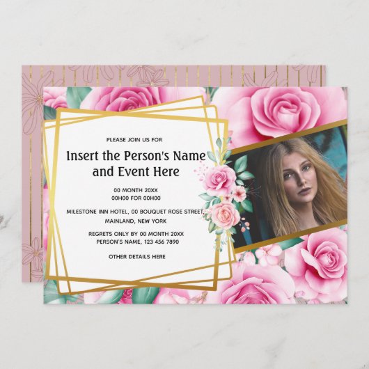 Invitation rose d'or, fête d'été aux fleurs géométriques (Devant / Derrière)