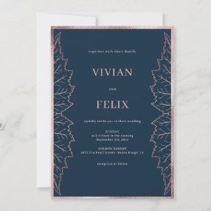Invitation Rose d'or Feuille Mariage matt de la marine classi