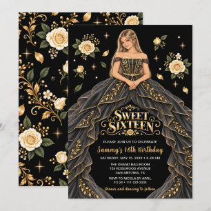 Invitation Rose d'or noir pour un Sweet Sixteen d'anniversair