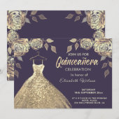 Invitation Rose d'or paillettes robe or Quinceañera (Devant / Derrière)