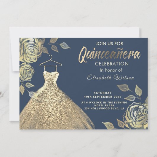 Invitation Rose d'or paillettes robe or Quinceañera Invitat (Devant)