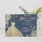 Invitation Rose d'or paillettes robe or Quinceañera Invitat (Debout devant)