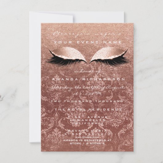 Invitation Rose d'or rose Damask Eyes Parties scintillant 16e (Devant)