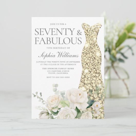 Invitation Rose d'or Roses blanches 70e fête d'anniversaire (Debout devant)