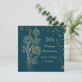 Invitation Rose d'or sur bleu vert, confetti 50e anniversaire (Debout devant)