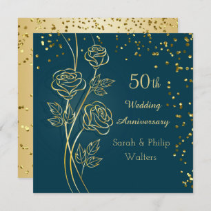 Invitation Rose d'or sur bleu vert, confetti 50e anniversaire