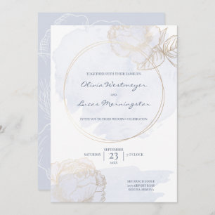 Invitation Rose doré Dusty Blue Aquarelle Mariage