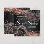 Invitation Rose doré noir brillant Sweet sixteen (Devant / Derrière)