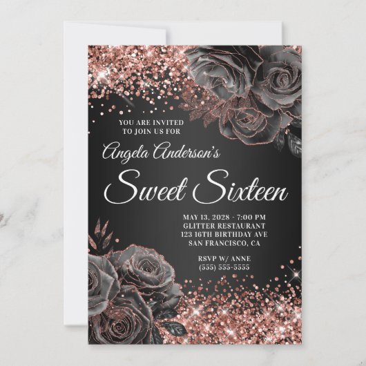 Invitation Rose doré noir brillant Sweet sixteen (Devant)