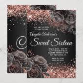 Invitation Rose doré noir brillant Sweet sixteen (Devant / Derrière)
