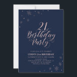 Invitation Rose Doré | Typographie moderne 21e fête d'anniver<br><div class="desc">Fêtons le 21ème anniversaire avec cette invitation élégante à la fête. Ce design présente une typographie rose en or chic sur le devant et des graphismes étincelants avec une photo sur le dos. Remplacez l'exemple de photo par le vôtre ou supprimez-le si vous ne le voulez pas. La couleur arrière...</div>