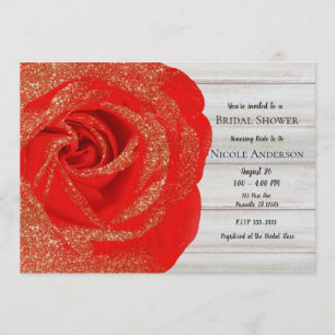 Invitation Rose dorée rouge pailletée blanche bois shabby chi
