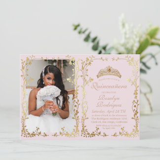 Invitation Rose Dorée Royale Fleurs Roses Photo Quinceanera