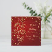 Invitation Rose dorée sur fond rouge, confettis 50e Anniversa (Debout devant)
