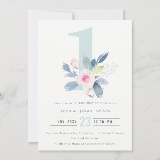 Invitation ROSE DOUCE BLEU BLEU FLORAL 1er TOUT ÂGE ANNIVERSA (Devant)