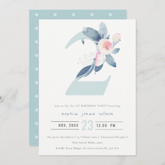 Invitation ROSE DOUCE BLEU BLEU FLORAL 2e TOUT ÂGE ANNIVERSAI (Devant / Derrière)