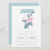 INVITATION ROSE DOUCE BLEU BLEU FLORAL 7E TOUT ÂGE ANNIVERSAI (Devant / Derrière)