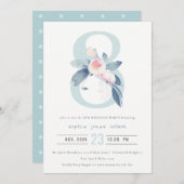 INVITATION ROSE DOUCE BLEU BLEU FLORAL 8E TOUT ÂGE ANNIVERSAI (Devant / Derrière)