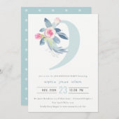 INVITATION ROSE DOUCE BLEU BLEU FLORAL 9E TOUT ÂGE ANNIVERSAI (Devant / Derrière)
