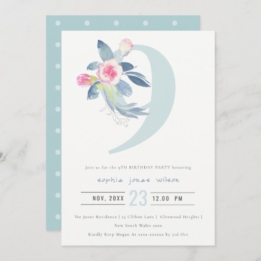 INVITATION ROSE DOUCE BLEU BLEU FLORAL 9E TOUT ÂGE ANNIVERSAI (Devant / Derrière)