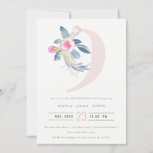 INVITATION ROSE DOUCE BLEU BLEU FLORAL 9E TOUT ÂGE ANNIVERSAI (Devant)