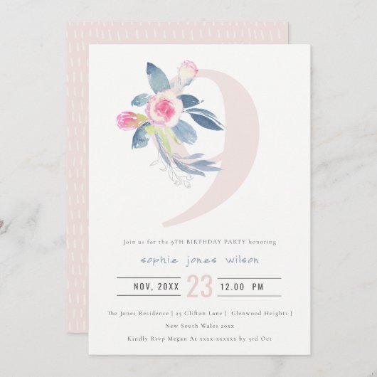 INVITATION ROSE DOUCE BLEU BLEU FLORAL 9E TOUT ÂGE ANNIVERSAI (Devant / Derrière)