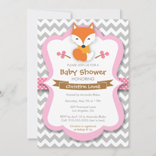 Invitation rose douce de baby shower de Fox (Devant)