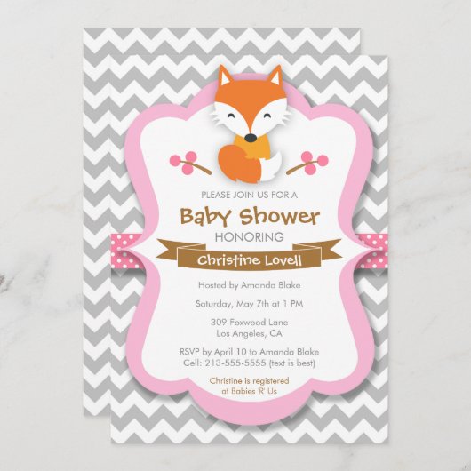 Invitation rose douce de baby shower de Fox (Devant / Derrière)