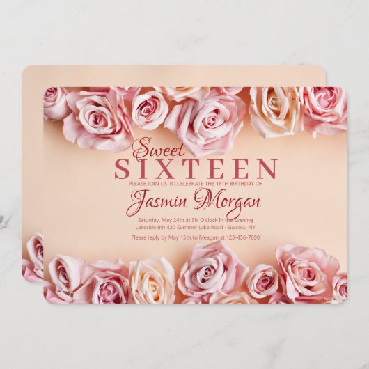 Invitation rose douce de roses (Devant / Derrière)