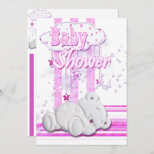 Invitation Rose d'ours de nounours de douche de bébé (Devant / Derrière)