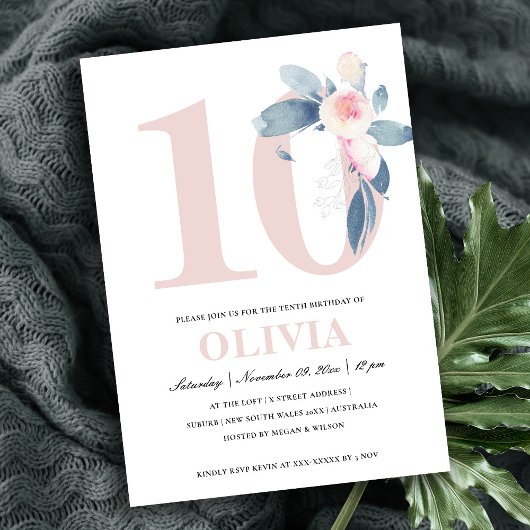 INVITATION ROSE DOUX BLEU BLEU FLORAL 10E TOUT ÂGE ANNIVERSAI